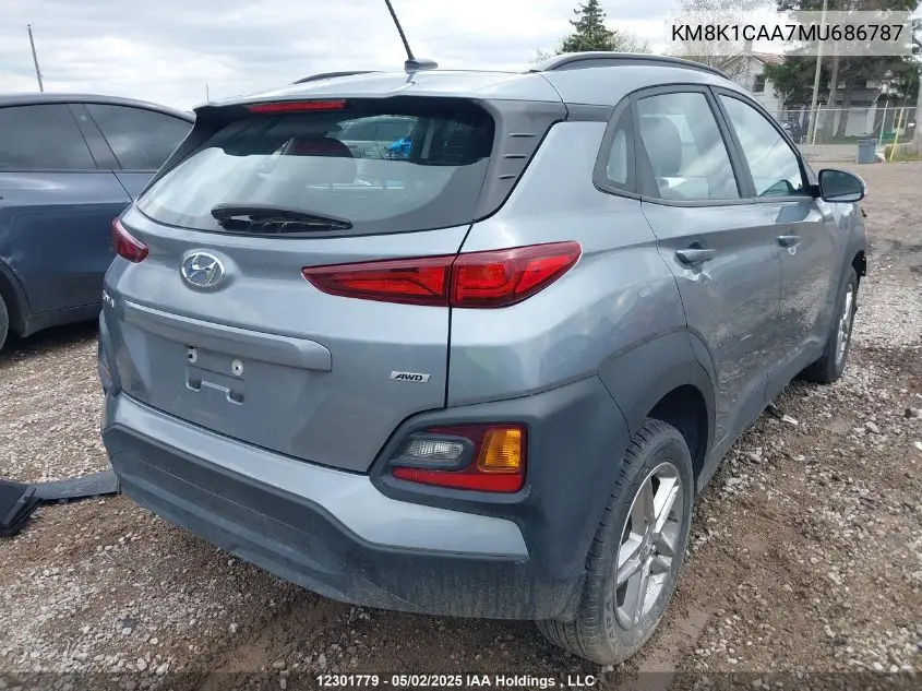 2021 Hyundai Kona Essential Awd VIN: KM8K1CAA7MU686787 Lot: 12301779