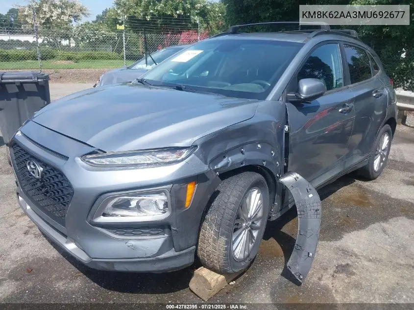 2021 Hyundai Kona Sel Plus VIN: KM8K62AA3MU692677 Lot: 42782395