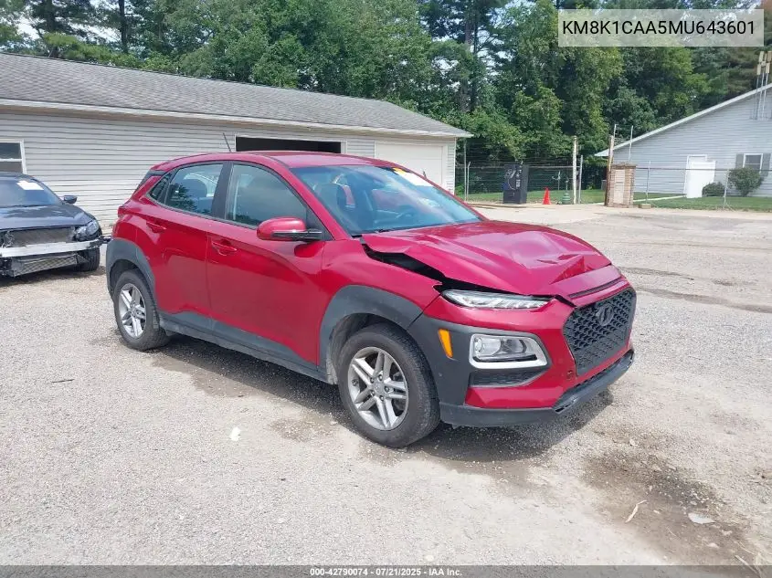 2021 Hyundai Kona Se VIN: KM8K1CAA5MU643601 Lot: 42790074