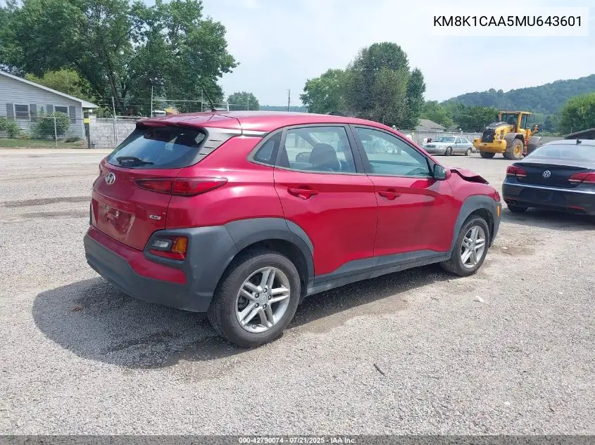2021 Hyundai Kona Se VIN: KM8K1CAA5MU643601 Lot: 42790074