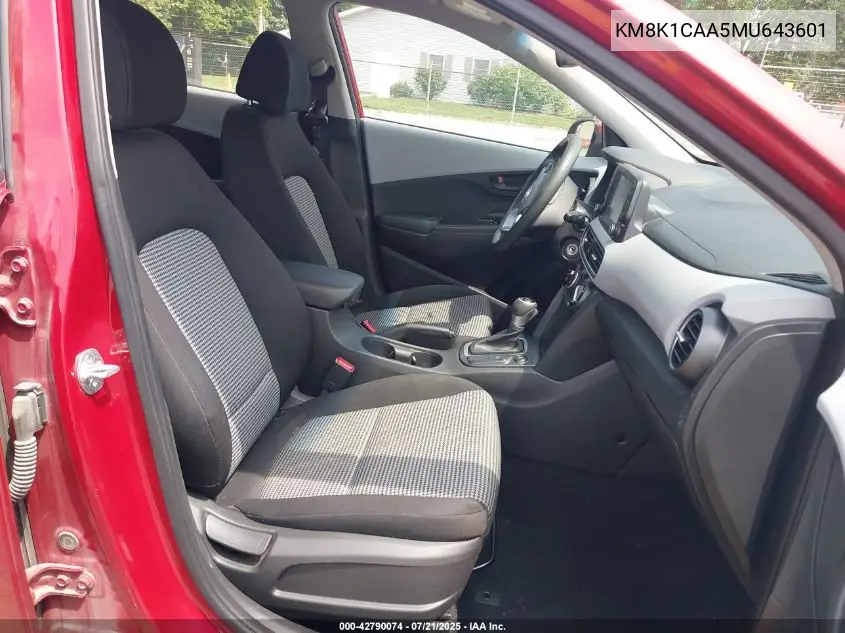 2021 Hyundai Kona Se VIN: KM8K1CAA5MU643601 Lot: 42790074