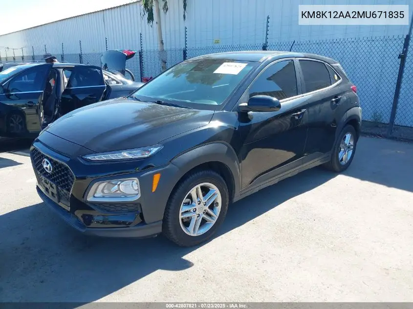 2021 Hyundai Kona Se VIN: KM8K12AA2MU671835 Lot: 42807821
