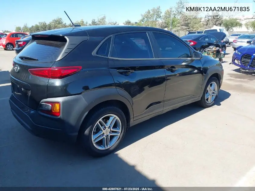 2021 Hyundai Kona Se VIN: KM8K12AA2MU671835 Lot: 42807821