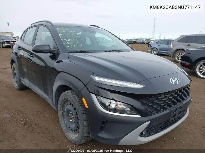 2022 Hyundai Kona Sel/Se VIN: KM8K2CAB3NU771147 Lot: 12206409