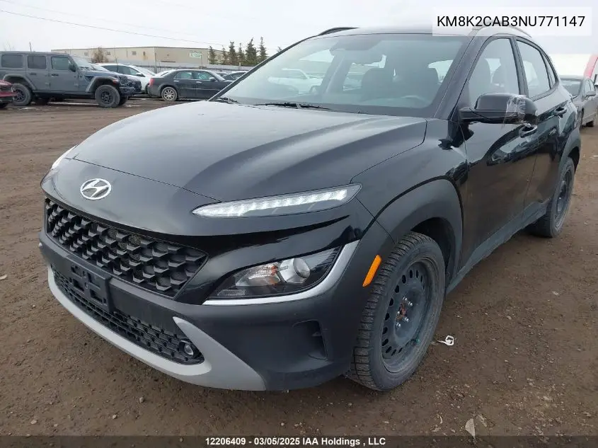 2022 Hyundai Kona Sel/Se VIN: KM8K2CAB3NU771147 Lot: 12206409