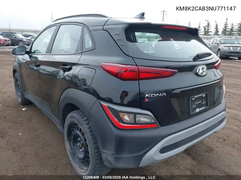 2022 Hyundai Kona Sel/Se VIN: KM8K2CAB3NU771147 Lot: 12206409