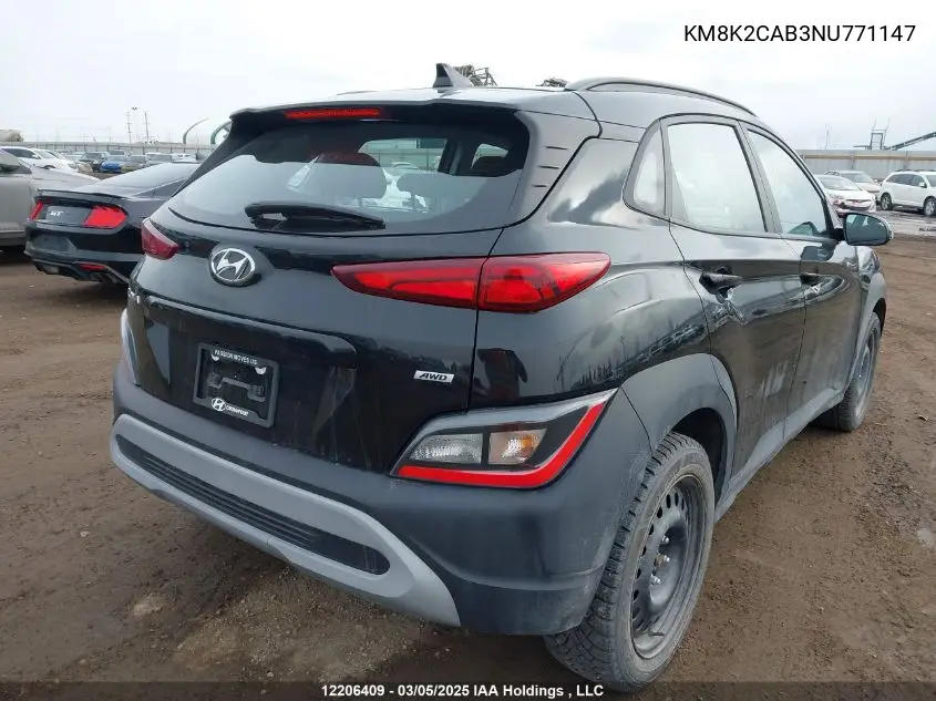2022 Hyundai Kona Sel/Se VIN: KM8K2CAB3NU771147 Lot: 12206409
