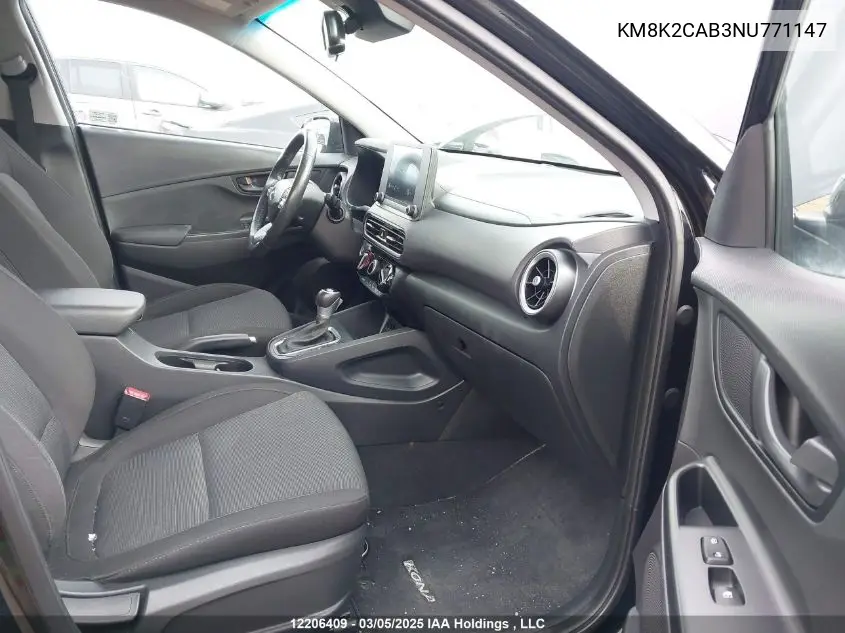 2022 Hyundai Kona Sel/Se VIN: KM8K2CAB3NU771147 Lot: 12206409