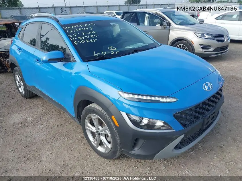 2022 Hyundai Kona Sel/Se VIN: KM8K2CAB4NU847135 Lot: 12338483