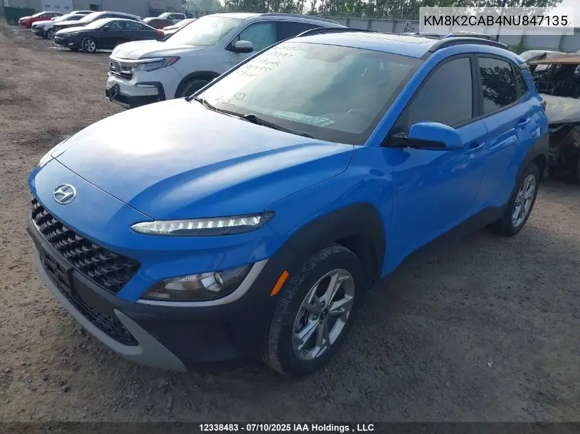 2022 Hyundai Kona Sel/Se VIN: KM8K2CAB4NU847135 Lot: 12338483