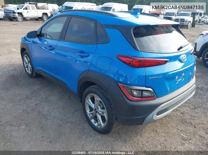 2022 Hyundai Kona Sel/Se VIN: KM8K2CAB4NU847135 Lot: 12338483