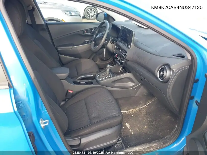 2022 Hyundai Kona Sel/Se VIN: KM8K2CAB4NU847135 Lot: 12338483