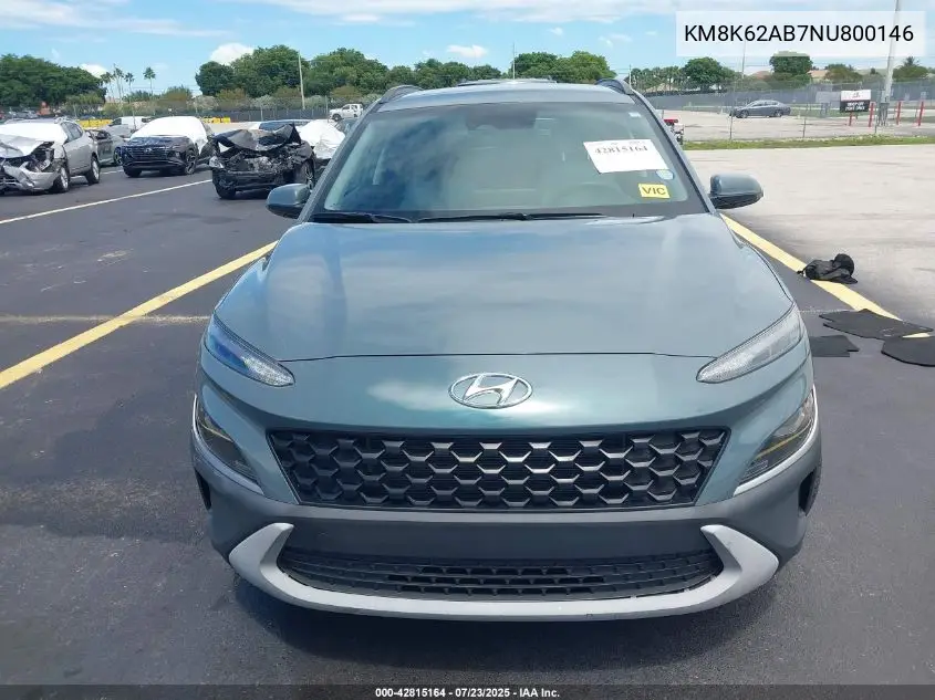 2022 Hyundai Kona Sel VIN: KM8K62AB7NU800146 Lot: 42815164