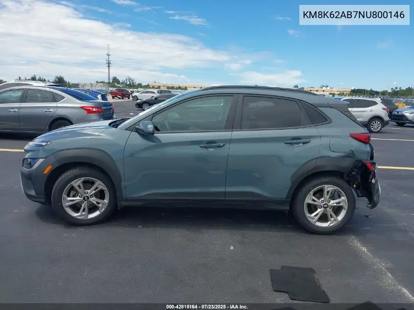 2022 Hyundai Kona Sel VIN: KM8K62AB7NU800146 Lot: 42815164