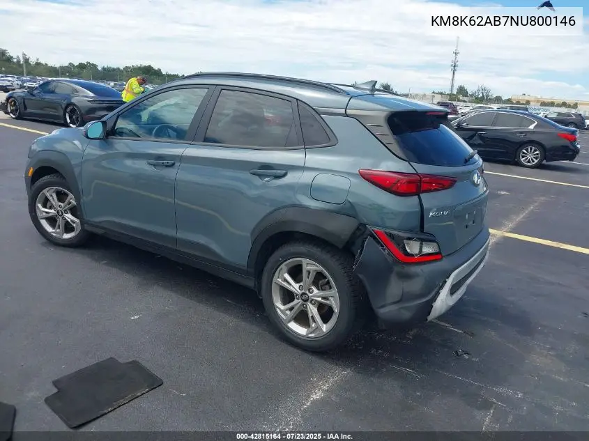 2022 Hyundai Kona Sel VIN: KM8K62AB7NU800146 Lot: 42815164