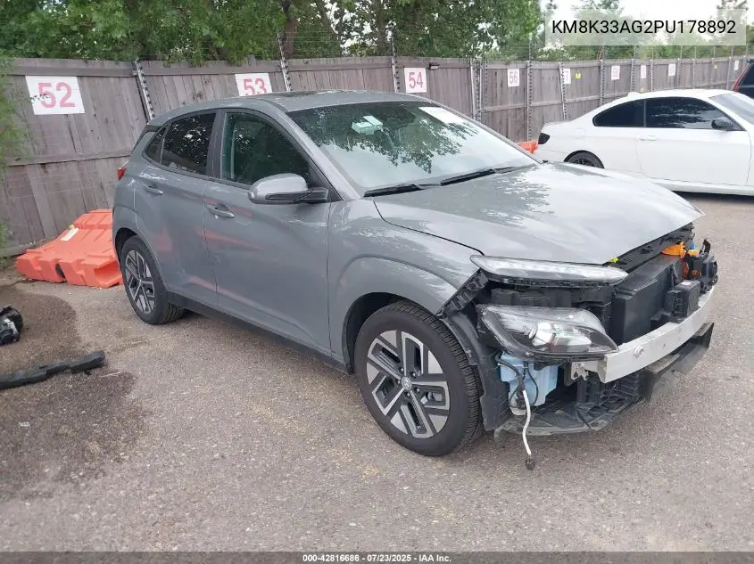 2023 Hyundai Kona Electric Sel VIN: KM8K33AG2PU178892 Lot: 42816686