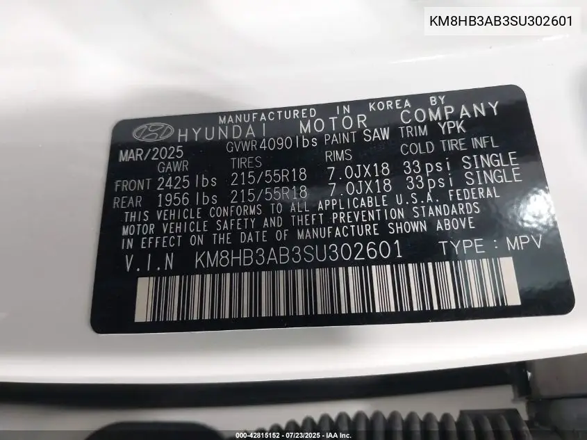 2025 Hyundai Kona Sel VIN: KM8HB3AB3SU302601 Lot: 42815152