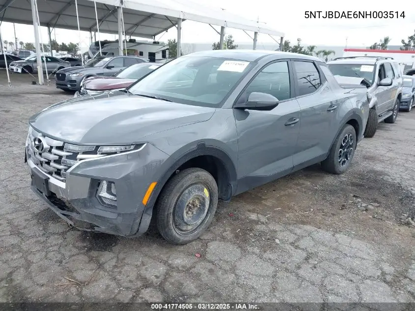 2022 Hyundai Santa Cruz Sel VIN: 5NTJBDAE6NH003514 Lot: 41774505