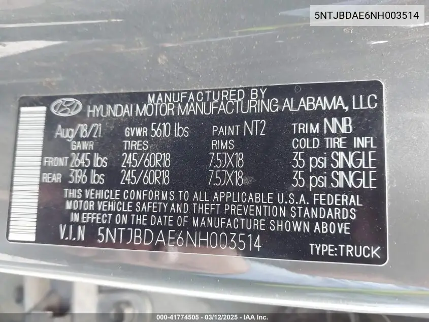 2022 Hyundai Santa Cruz Sel VIN: 5NTJBDAE6NH003514 Lot: 41774505