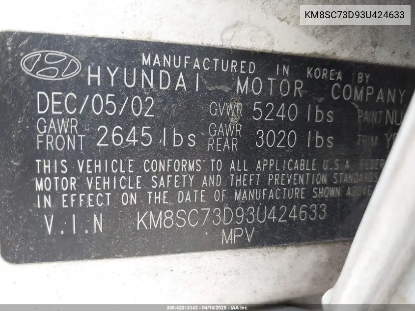 2003 Hyundai Santa Fe Gls/Lx VIN: KM8SC73D93U424633 Lot: 42014143