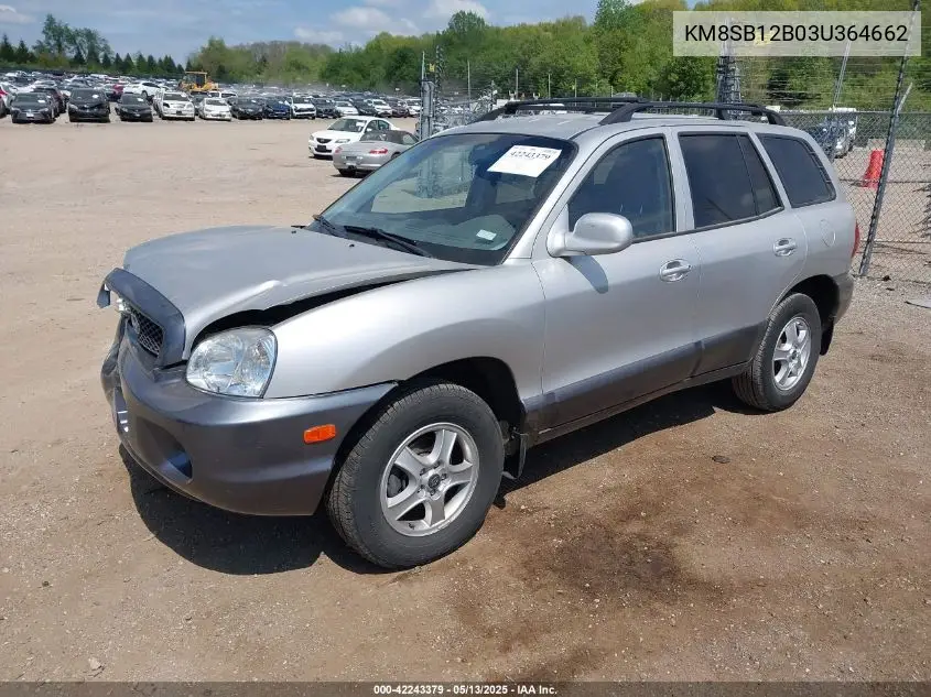 2003 Hyundai Santa Fe VIN: KM8SB12B03U364662 Lot: 42243379
