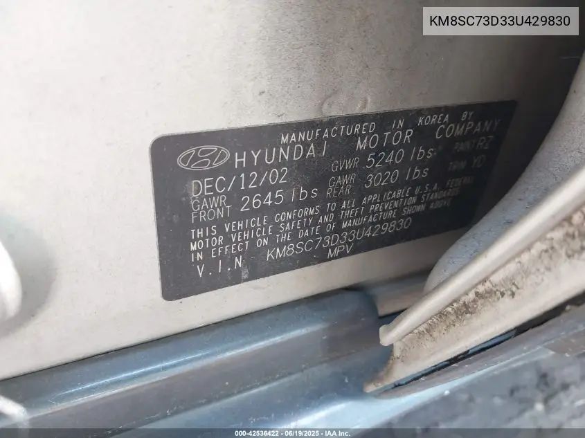 2003 Hyundai Santa Fe Gls/Lx VIN: KM8SC73D33U429830 Lot: 42536422