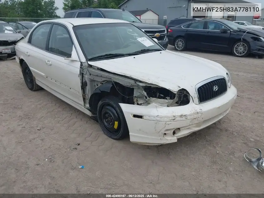 2003 Hyundai Sonata Base W/2.7L V6 VIN: KMHWF25H83A778110 Lot: 42495167