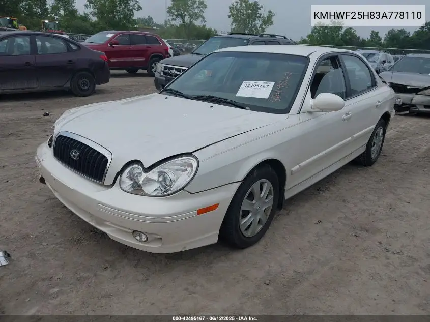 2003 Hyundai Sonata Base W/2.7L V6 VIN: KMHWF25H83A778110 Lot: 42495167