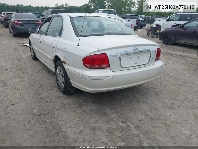 2003 Hyundai Sonata Base W/2.7L V6 VIN: KMHWF25H83A778110 Lot: 42495167