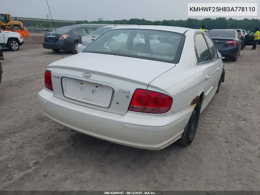 2003 Hyundai Sonata Base W/2.7L V6 VIN: KMHWF25H83A778110 Lot: 42495167