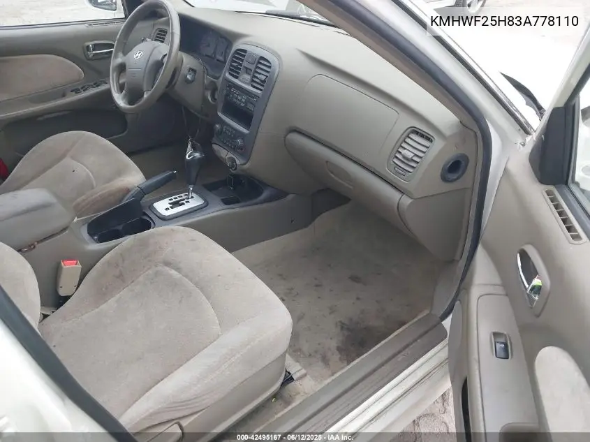 2003 Hyundai Sonata Base W/2.7L V6 VIN: KMHWF25H83A778110 Lot: 42495167