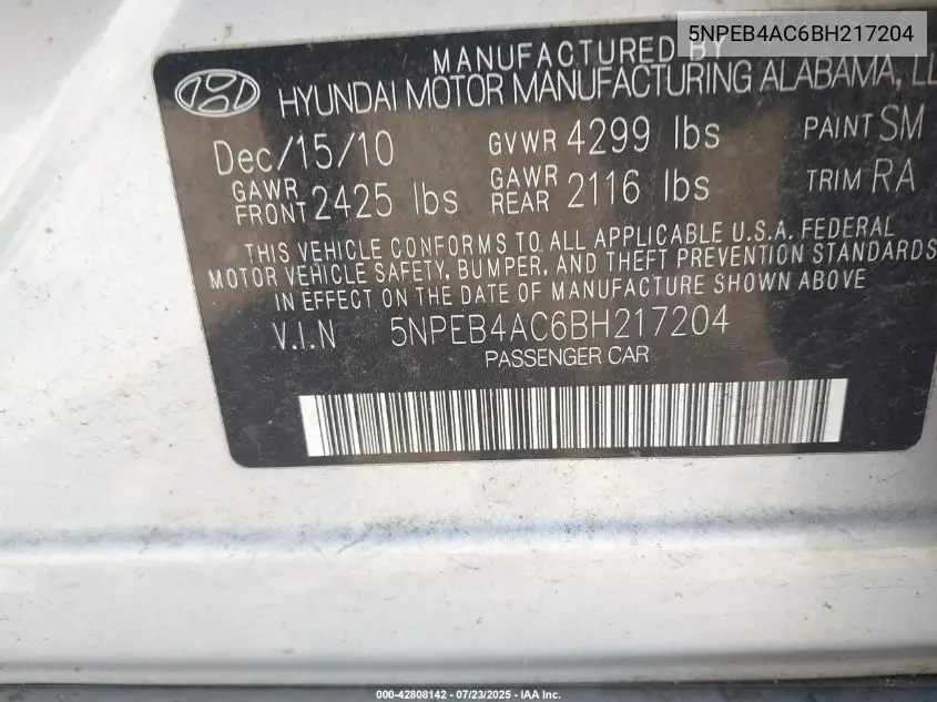2011 Hyundai Sonata Gls VIN: 5NPEB4AC6BH217204 Lot: 42808142