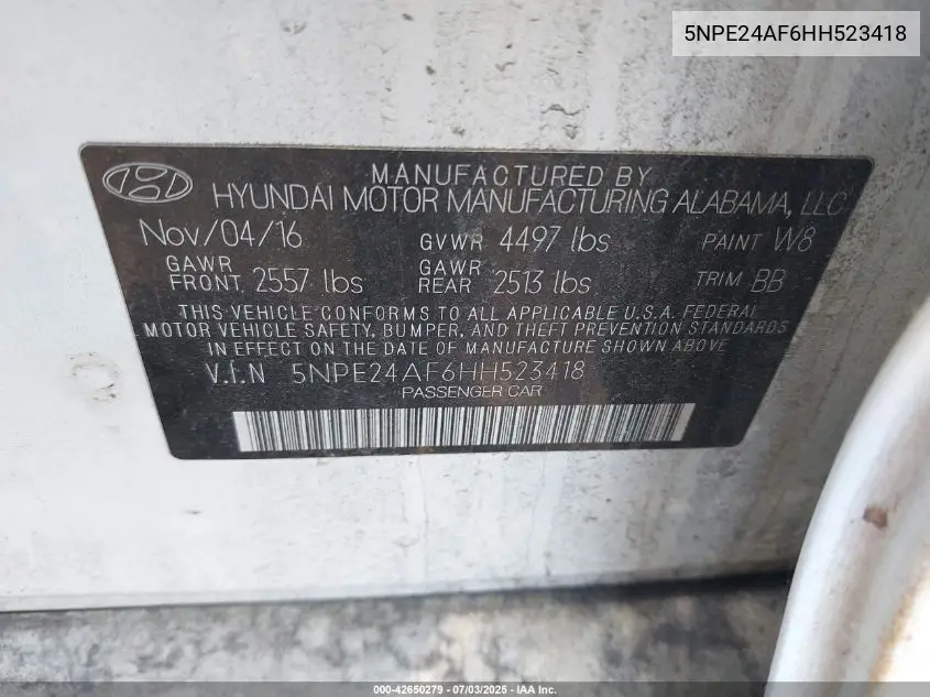 2017 Hyundai Sonata Se VIN: 5NPE24AF6HH523418 Lot: 42650279
