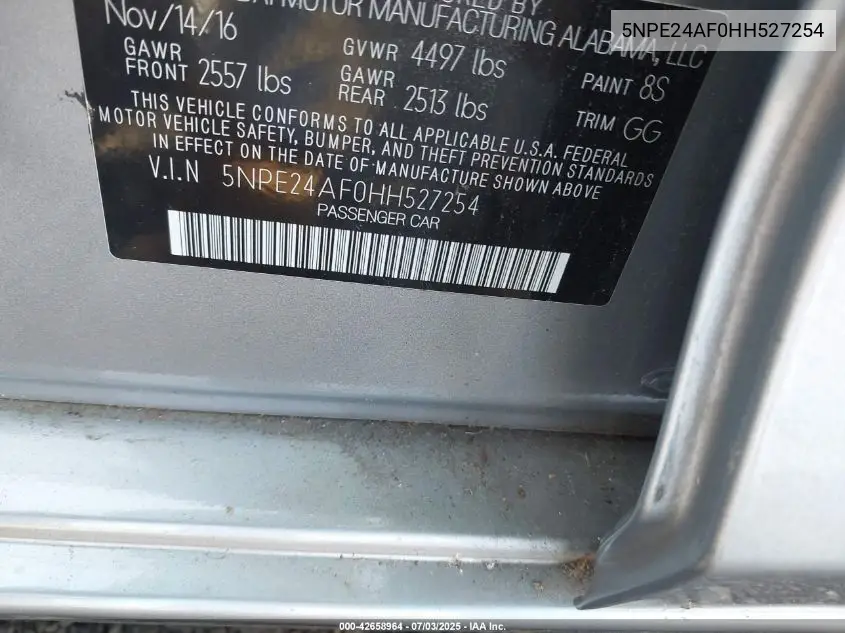 2017 Hyundai Sonata VIN: 5NPE24AF0HH527254 Lot: 42658964