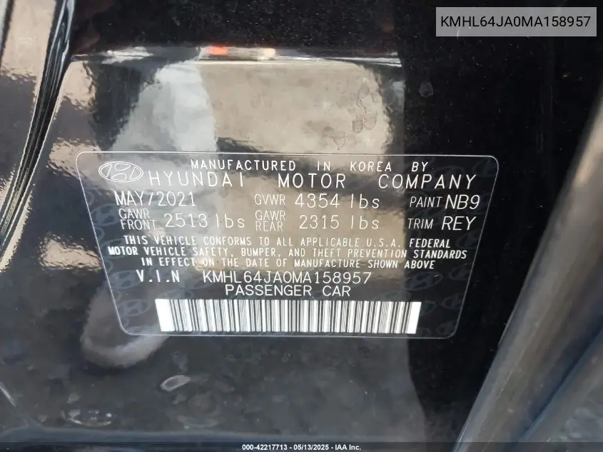 2021 Hyundai Sonata Sel VIN: KMHL64JA0MA158957 Lot: 42217713