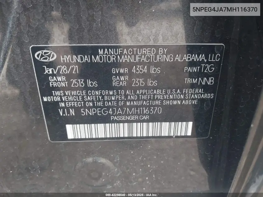 2021 Hyundai Sonata Se VIN: 5NPEG4JA7MH116370 Lot: 42256540