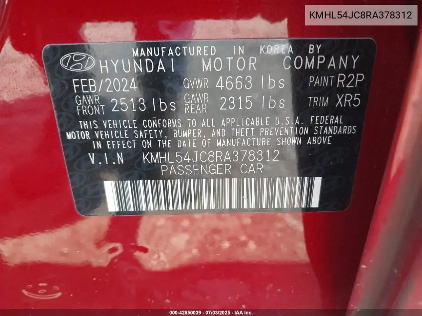2024 Hyundai Sonata N Line VIN: KMHL54JC8RA378312 Lot: 42650039
