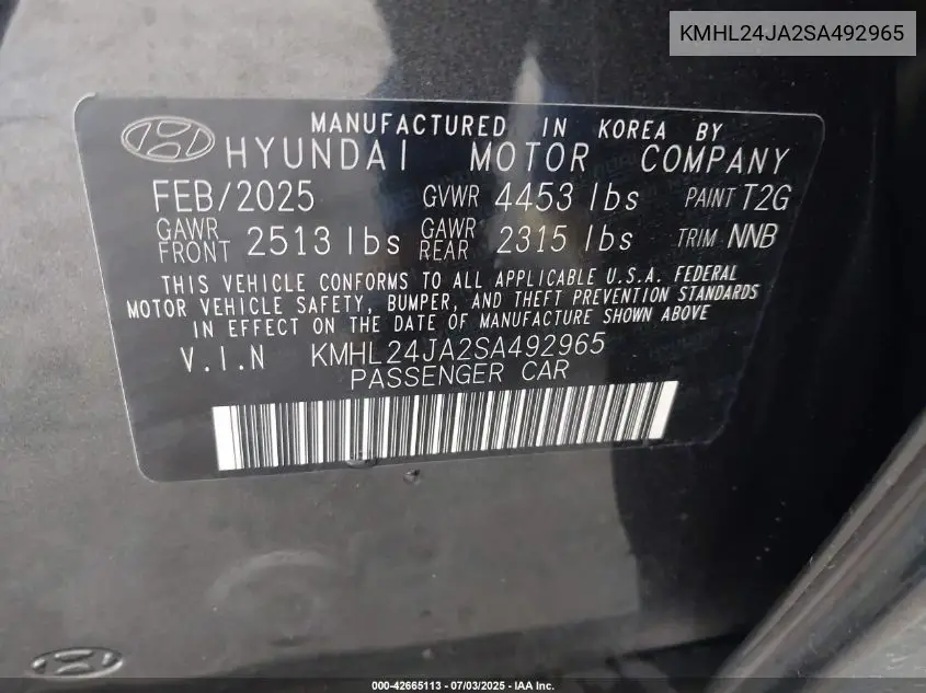 2025 Hyundai Sonata Se VIN: KMHL24JA2SA492965 Lot: 42665113