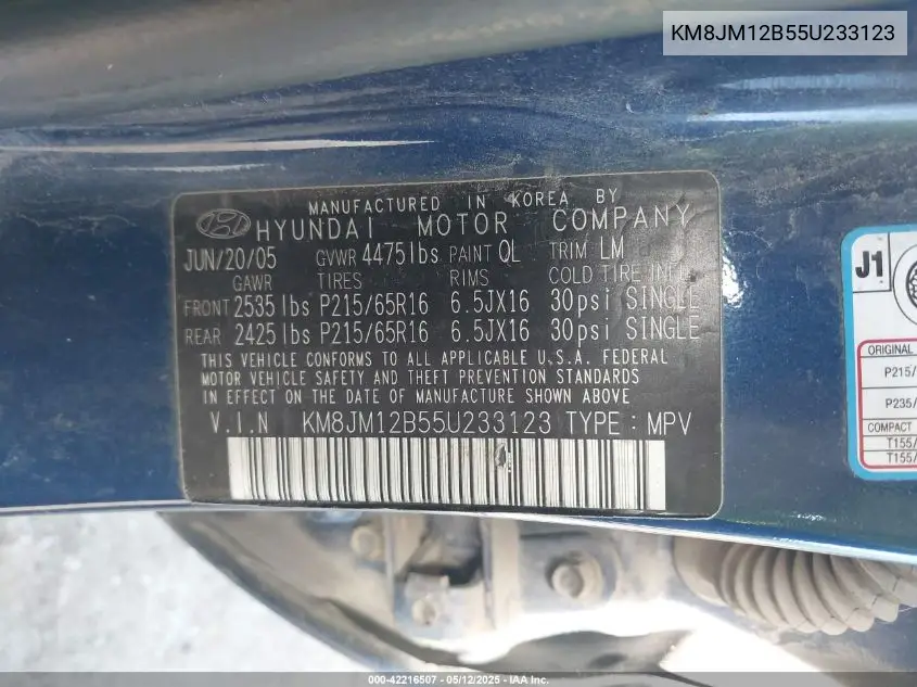 2005 Hyundai Tucson Gl VIN: KM8JM12B55U233123 Lot: 42216507