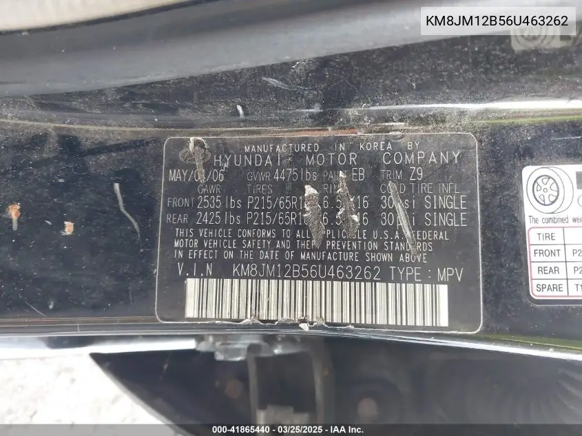 2006 Hyundai Tucson Gl VIN: KM8JM12B56U463262 Lot: 41865440