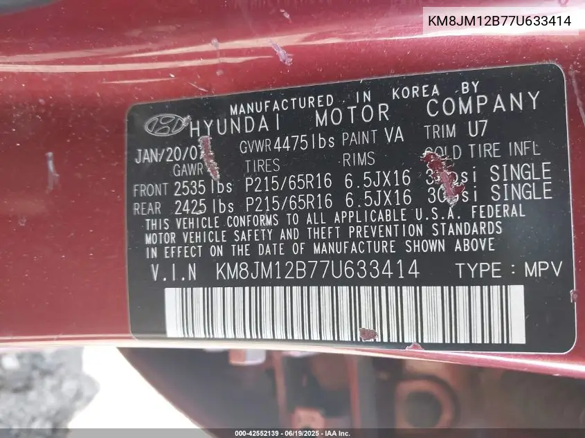 2007 Hyundai Tucson Gls VIN: KM8JM12B77U633414 Lot: 42552139