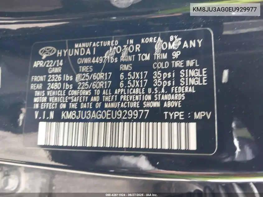 2014 Hyundai Tucson Se VIN: KM8JU3AG0EU929977 Lot: 42611924
