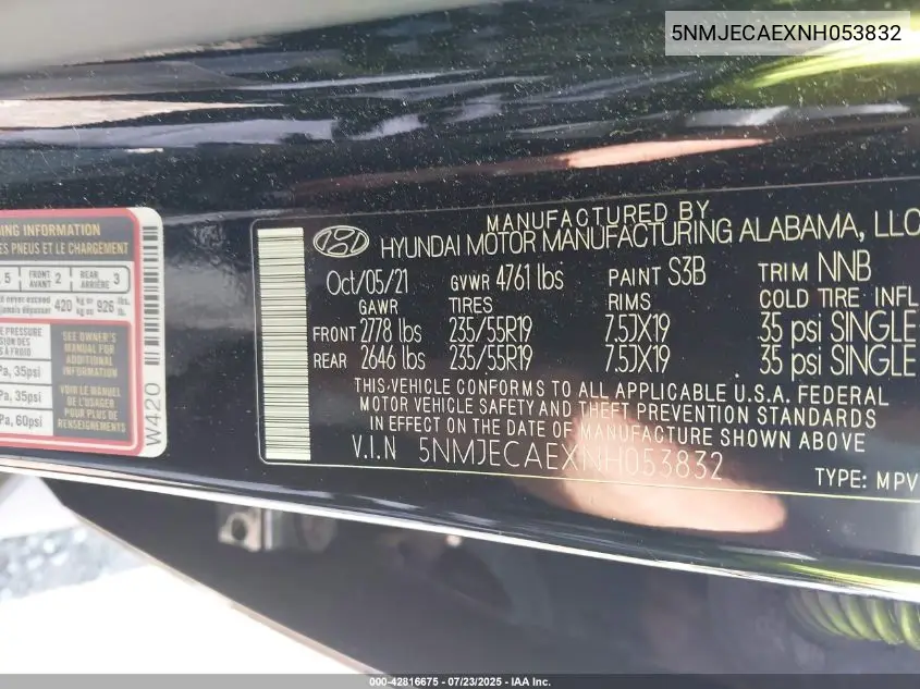 2022 Hyundai Tucson Limited VIN: 5NMJECAEXNH053832 Lot: 42816675