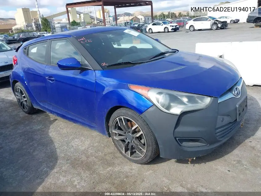 2014 Hyundai Veloster Base W/Black VIN: KMHTC6AD2EU194017 Lot: 42256634