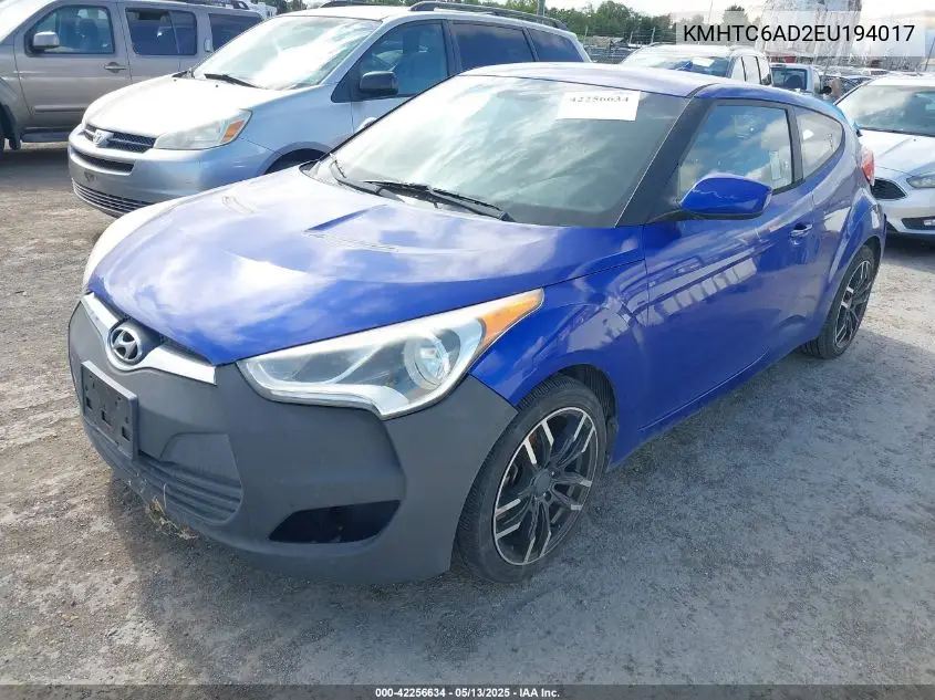 2014 Hyundai Veloster Base W/Black VIN: KMHTC6AD2EU194017 Lot: 42256634