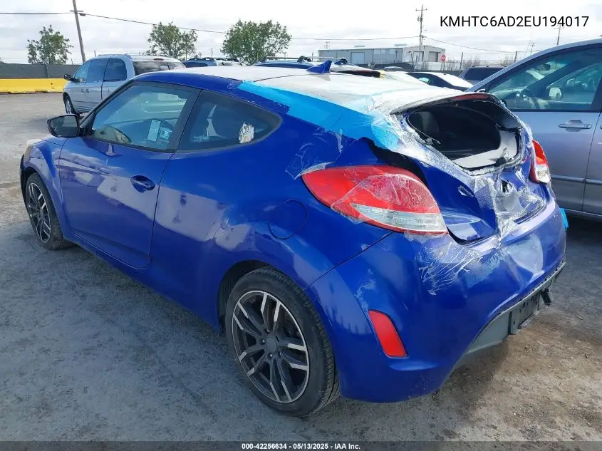 2014 Hyundai Veloster Base W/Black VIN: KMHTC6AD2EU194017 Lot: 42256634