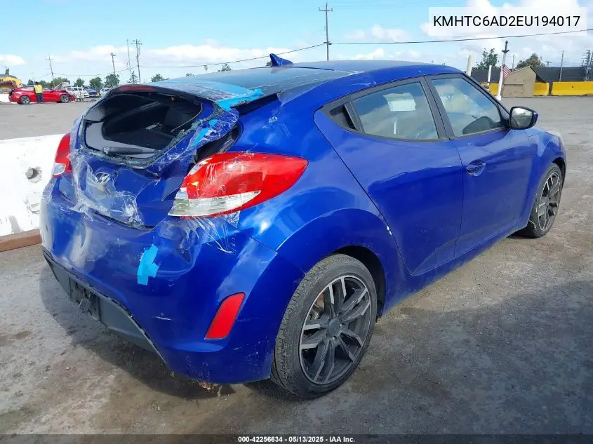2014 Hyundai Veloster Base W/Black VIN: KMHTC6AD2EU194017 Lot: 42256634