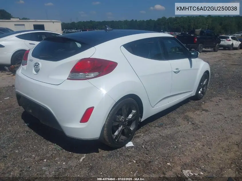 2016 Hyundai Veloster VIN: KMHTC6AD2GU250038 Lot: 42794643