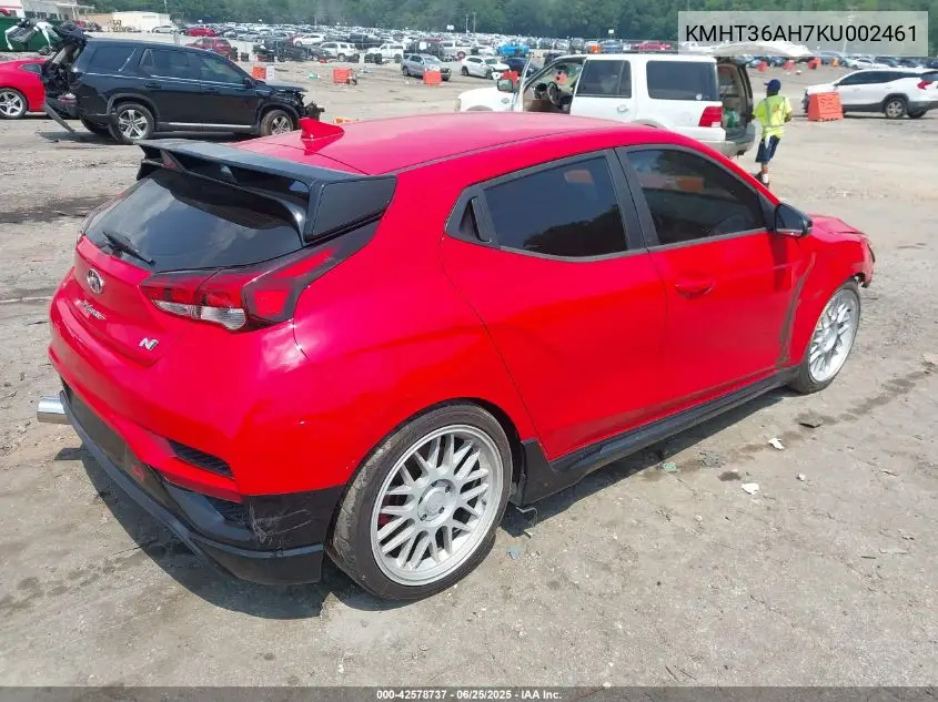 2019 Hyundai Veloster N VIN: KMHT36AH7KU002461 Lot: 42578737