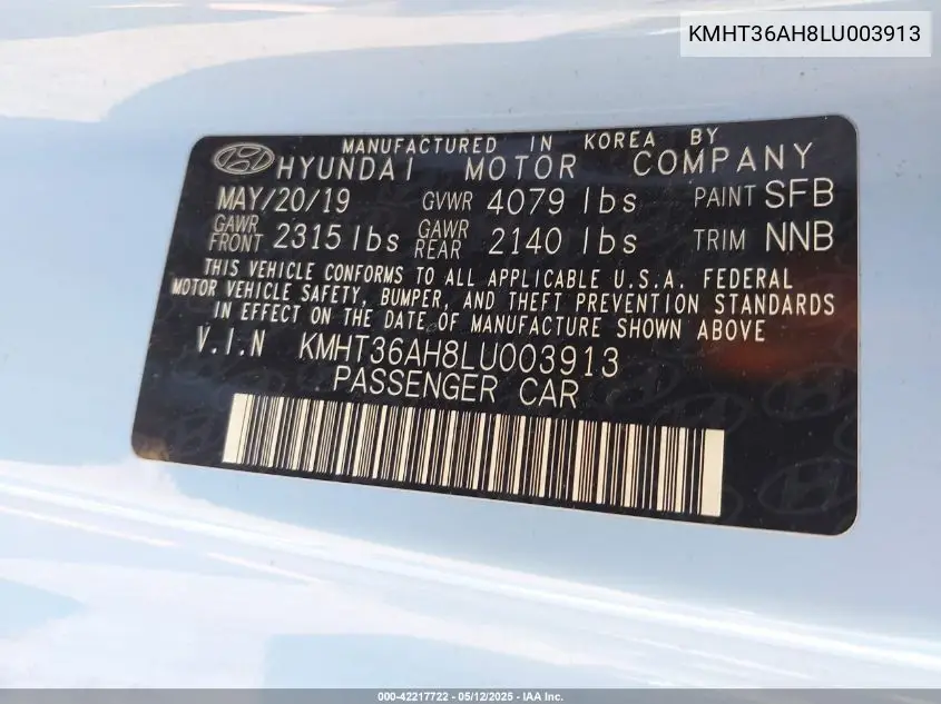 2020 Hyundai Veloster N VIN: KMHT36AH8LU003913 Lot: 42217722
